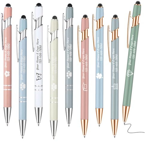 OXYEFEI Kugelschreiber mit Gravur Metall,1mm mit Personalisierte Stifte Hochwertig Rosegold Touchpen mit Text Muster oder Logo für Touchscreens 9 Stück mehrfabig