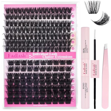 Fadlash Kit Extension Cils 0.07 D Cornée 12-18mm 100D+200D Faux Cils Cluster Cils Kit Individuels DIY de Cils Avec Bond And Seal,Pince A Epiler Faux Cils Réutilisables