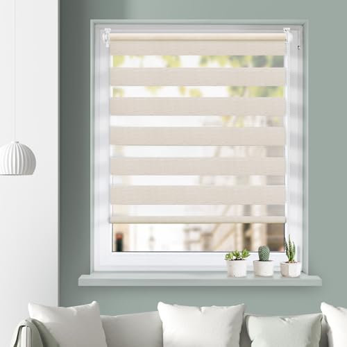 Grandekor Doppelrollo Klemmfix ohne Bohren Leinen 60x100cm(Stoffbreite 56cm) Fenster Rollos für innen Klemmrollos Duo Rollos für Fenster ohne Bohren mit Bohren Privatschutz UV-Schutz Zebrarollo