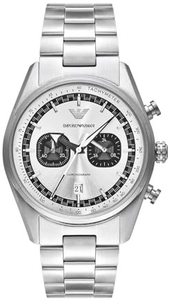Emporio Armani Watch for Men, 2 sub dial Chronograph Movement and 43mm Case Size with Stainless Steel, Leather or Silicone Strap Schwarz und Silberton, 42MM