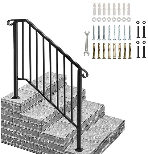Handrails for Outdoor Steps, Galvanized Iron Exterior Handrail, Fit 3 or 4 Steps Stair Railing, Banister with Installation Kit for Stairs, Garden, House Entrance, Backyard & Balcony, Black
