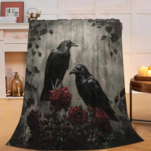 Gotische Krähendecke, rustikaler Raben-Fleece-Überwurf, flauschig, Plüsch, superweich, warm, Halloween-Crow-Dekoration, Decke, Geschenke für Jungen, Mädchen, Kinder, Erwachsene, Männer, Frauen, 127 x