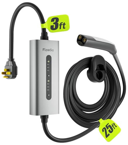 FlowGo Tesla Charger 40A Level 2 EV Charger NACS 240V with 14-50 Plug 25 FT Cable 9.6KW Portable Tesla Charging Equipment 15-40 Amps Adjustable Current Mobile Electric Car Chargers for Model 3/S/Y