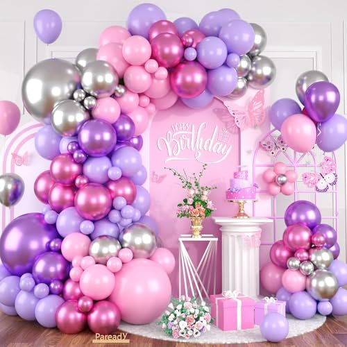 Paready Butterfly Balloon Arch, 120 Pcs Pink Purple Balloon Arch Garland, Metallic Silver Purple Hot Pink Latex Balloons for Valentine Wedding Baby Shower Garden Girls Women Birthday Party Decorations