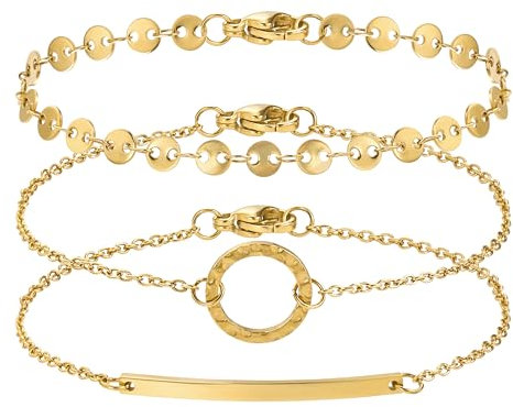BONNYBIRD® Edelstahl Armband Gold Damen Armbänder Set Armkette vergoldet Goldarmband Goldenes Kreis Plättchen Bar Armkettchen Boho Damenarmband Frauen Wasserfester Sommer Schmuck Bracelet Goldschmuck