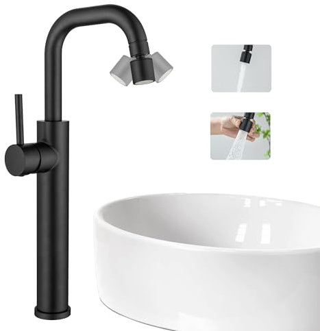 LIWEIKE Robinet Salle Bain Noir, pivotant à 360 mitigeur lavabo haut noir robinet lavabo avec 2 modes de pulvérisation, poignée unique robinet lavabo acier inoxydable