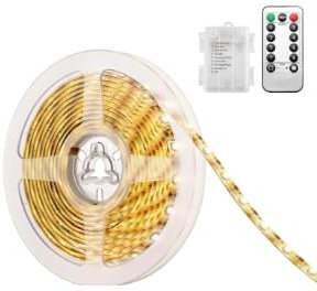 LED Waterproof Strip Lights - 5M Battery Powered Light Strip with Remote, 8 Modes, Dimmable, Timer, Cuttable, Outdoor Indoor Waterproof Self-adhesive for Kitchen Bedroom Cabinet Bar Decor (Warm White)