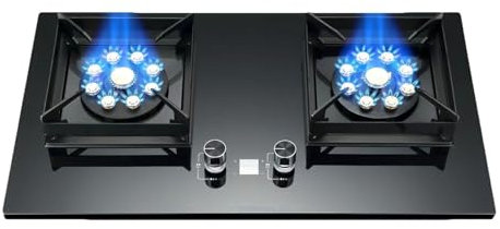 Cuisinière À Gaz 75CM Cuisinière À Gaz 2 Brûleurs, Minuterie 5,2 KW (indépendante Des Deux Côtés), Cuisinière Autonome En Verre Noir Camping Outdoor(NG)