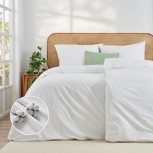 Duvetnova Bettwäsche 135x200 Baumwolle 4teilig Weiß Superweiche 100% Vorgewaschene Baumwolle mit Leinenstruktur ÖKO-TEX Bettwäsche Hotel 2 Bettbezüge 135x200+2 Kissenbezüge 80x80 Bettwäsche Einfarbig