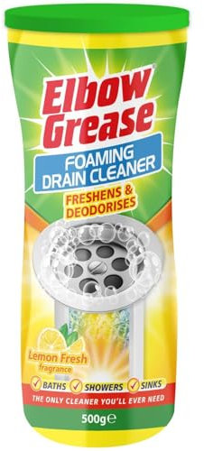 Elbow Grease Foaming Drain Cleaner 500g – Powerful Odour Neutraliser for Sinks, Baths & Showers – Fast Action Foaming Powder – Lemon Fresh or Berry Blast Fragrance Yellow - 1 Pack (500g)