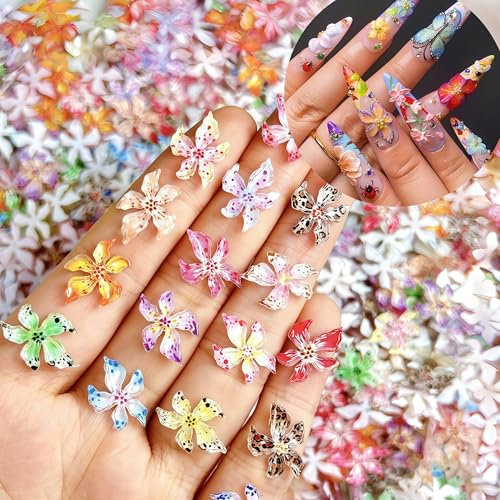 Yamobi 60 Pièces Colorées Gelée Douce Colle Fleur de Lys Charms pour Ongles, 3D Fleurs Charms Ongles Cristal de Glace Gravé Dégradé Fleurs de Lys Charms Pétale Résine