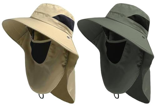 PIWOSGOL 2 Stück Sonnenhut mit Nackenschutz, Fischerhut, Atmungsaktiv und Faltbar,UV-Schutz,Einstellbare Größe mit Abnehmbarer Halsklappe,Breite Krempe Outdoor Trekking Hut für Männer und Frauen