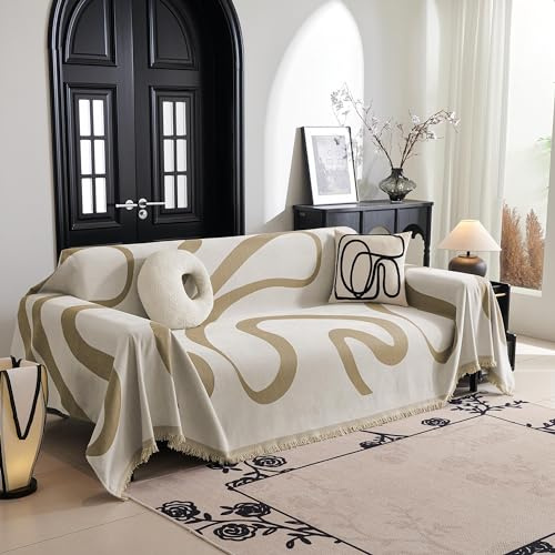 MYSKY HOME Sofabezug 3 Sitzer Chenille Sofa Überzug L Form Sofa Schutzdecke | Khaki Kurve,1 Stück,180x300cm,Geometrische Modern Sofa Bezug,Boho Sofaschoner Waschbar,Jacquard Sofa Cover L Shape
