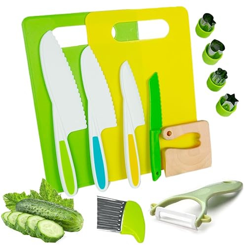 THINTON 13 Pieces Kids Kitchen Knife Set, Childrens Knives for Chopping, Safe Plastic Vegetable Knife and Peeler Cutting Board Potato Cutter Fruit Cutting Models