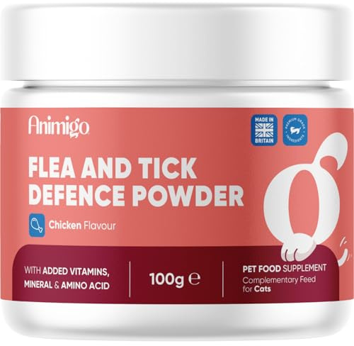 animigo Flohpulver - Zeckenschutz für Katzen - 100 g Pulver - Mit zusätzlichen Vitaminen, Mineralien & Aminosäuren wie Bierhefe, Zink, Vitamin B3, B1 & B2 - Hühngeschmack - Flohmittel Katzen