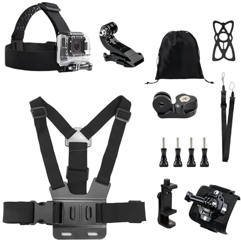 ZhouWei Handrem Action Cam Kit, Accessoarer Action Cam Justerbar med sele Huvudband Handledsband Klämma Telefonhållare, för Action-kamera och Smartphone