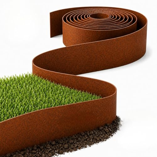 Rori Cortenstahl Rasenkante 10 m Rolle - 15 cm Höhe - Flexible Beeteinfassung aus Metall - Abgerundete Oberkante - Biegsame Garten Rasenkante - Beetkante & Rasentrenner für Garten und Wege