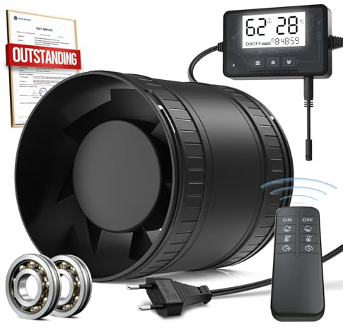 BUMSOU Tyst rörfläkt med fuktsensor och temperatursensor, timer, 6-stegs frånluftsfläkt med överhettningsskydd, rörfläkt 100 mm med fjärrkontroll, badrum, toalett, garage (med stativ)
