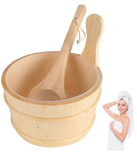 Sauna-Wassereimer aus Holz mit großem Fassungsvermögen und Kunststoffeinsatz, Badezubehör für den Dampfraum im Haus, Hotel, Sauna-Eimer und Schöpfkelle