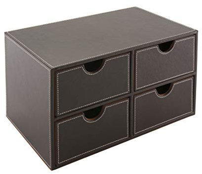 OSCO Brown Faux Leather 4 Drawer Chest | Stationery Organiser | Stackable | Makeup Container | Jewellery Box | Not A4 Size | H18.5 x W33 x D20.5 cm |