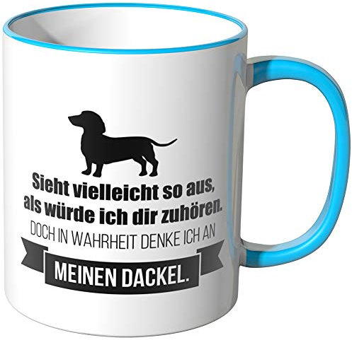 JUNIWORDS Tasse - Ich denke an Dackel - Wähle Motiv & Farbe - Blau