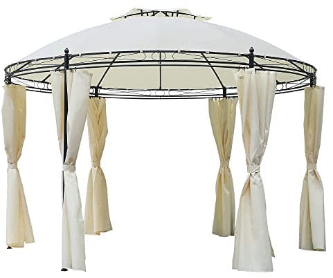 Outsunny Tonnelle pavillon de Jardin Rond dim. Ø 3,5L x 2,75H m Double Toit 6 Rideaux latéraux Polyester crème métal époxy Noir