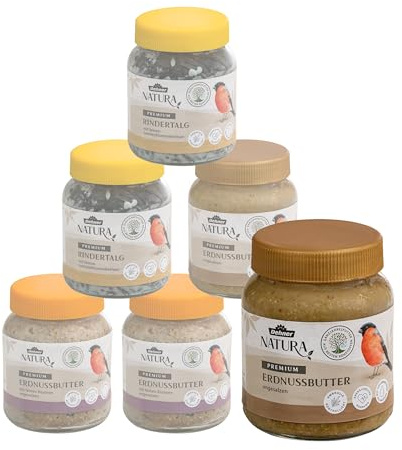 Dehner Natura Wildvogelfutter, Erdnussbutter/Rindertalg im Glas, 1.86 kg | 3 verschiedene Sorten, Premium Ganzjahresfutter energiereich, Vogelfutter für Wildvögel
