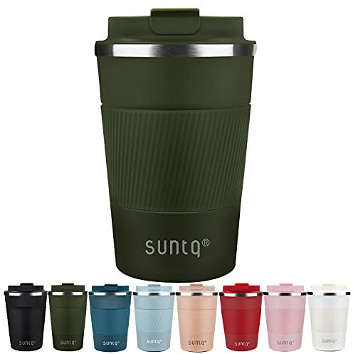 SUNTQ Kaffeebecher to go Thermo aus Edelstahl - Thermobecher mit Gummierte Manschette Doppelwand Isoliert - Kaffeetasse mit Auslaufsicherem Deckel Wiederverwendbar, Grün 380ml
