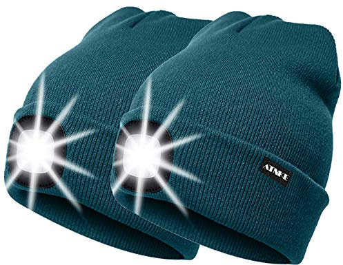 ATNKE 2Pcs Neue Warme LED beleuchtete Mütze,Unisex USB wiederaufladbare Laufmütze Ultra Bright 4 LED wasserdichte Lichtlampe Mehrfarbig (Dunkel Grün, 2PCS)