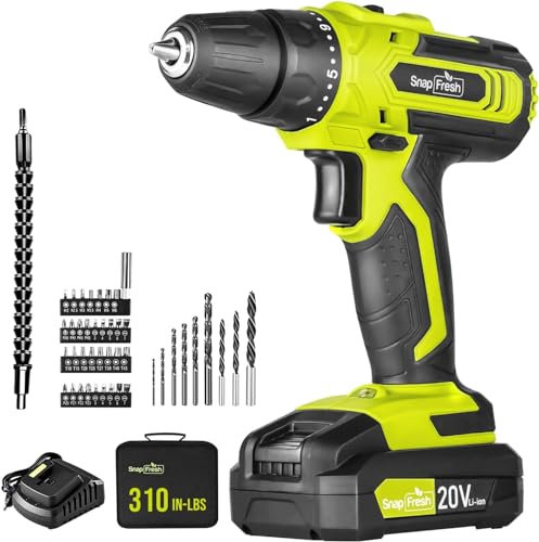 Taladro inalámbrico SnapFresh de 20 V con batería y cargador, juego de taladro eléctrico con 2 velocidades variables, ajuste de par de torsión 21+1, ligero, LED, 43 brocas, juego de taladro de impacto