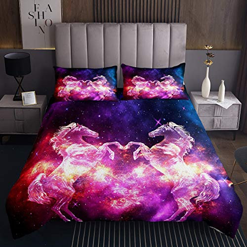 Galaxis Pferd Bettüberwurf Paar Galoppierendes Pferd Drucken Steppdecke Wilde Tier Muster Tagesdecke 240x260cm Sterne Tierwelt Mit 2 Kissenbezug 3St