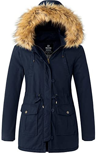 Wantdo Giacca da Donna Caldo Invernale Lungo Parka Elegante Imbottita con Cappuccio Antipioggia Autunnale Cappotto a Vento Blu Scuro S