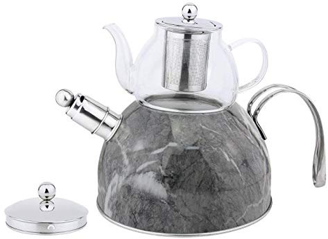 Zellerfeld Trendmax Düdüklü Caydanlik Takimi Teekocher 3 Liter + 600ml Teekanne aus Glas 18/10 Edelstahl Dampf-Pfeife mit Henkel Motiv 2