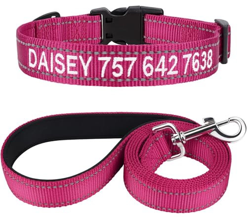 TagME Hundehalsband und Leine, Personalisierbar Reflektierendes Hundehalsband Mit 1.5M Doppelseitige Reflektierende Hundeleine für Mittelgroße, Hot Pink