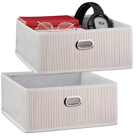 Relaxdays 4 x Aufbewahrungskorb Bambus, Badkörbchen quadratisch, Stoff Regalkorb flach, HBT 14 x 31 x 31 cm, Griff, faltbar, weiß