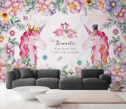 Papier Peint 3D Intissé Licorne Fleur Nordique Papier Peint Panoramique 3D Moderne Décoration Murale
