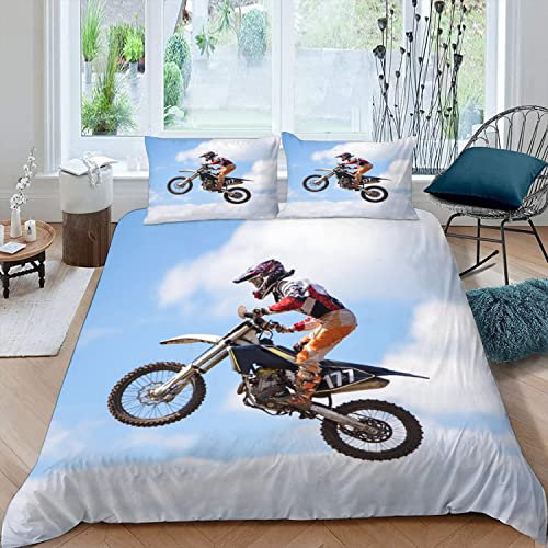 RFFLUX 3D Motocross Bettwäsche Set 135x200 cm 2teilig mit Reißverschluss Weiche und Angenehme Schlafkomfort Microfaser Bettbezug Teenager Cool Motorrad Kinderbettwäsche mit Kissenbezug 80x80 cm