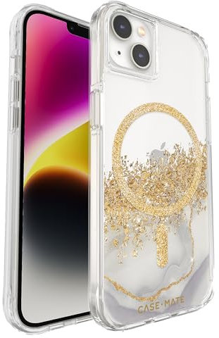 Case-Mate Carat Marble MagSafe protective cover compatible with Apple iPhone 14 case gold [Shockproof | Genuine 24 Carat Gold Leaf | 10ft drop protection | Recycled material] - Marble/Clear