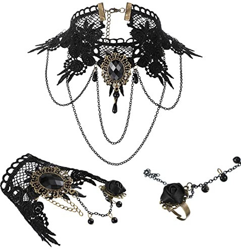 Schwarz Gotisch Choker Halskette mit Armband Set Spitze Halsband und Punk Vintage Handgefertigtes Retro Armband mit Perlen Anhänger Lolita Schmuck Set für Halloween Damen