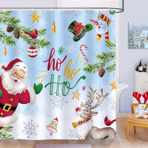 Bonhause Duschvorhang Weihnachten Rentier Weihnachtsmann Hoho Duschvorhänge 180 x 180 cm Anti-Schimmel Wasserdicht Polyester Stoff Waschbar Bad Vorhäng für Badzimmer mit 12 Haken