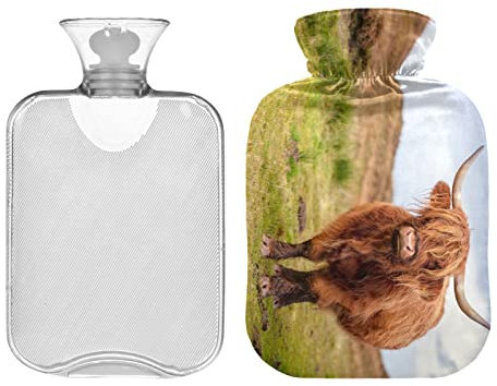 Schottische Highland Cow on Isle Skye Wärmflasche mit Bezug, Wärmflasche für Schulterperiode Schmerzlinderung, Handfüße Wärmer 2L