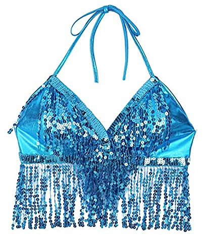SamHeng Bauchtanz Crop Top, Damen Pailletten Perlen Halter BH, Fransen Quaste Bandage Tank Strappy Backless Tube für Bauchtanz, Latin Dance, Party Club Kostüm