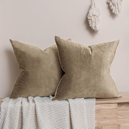 JUSPURBET Stein Samt-Kissenbezüge 60cmx60cm 2er-Set für Wohnzimmer Couch Sofa Schlafzimmer Dekorative Quadratische Feste Weiche Kissenhüllen mit unsichtbarem Reißverschluss