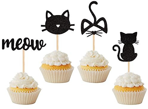 24 Stück Katze und Miau Tortendeko Schwarz Glitzer Kätzchen Katze Cupcke Toppers Cat Kuchen Deko Katze Liebhaber Kätzchen Thema Baby Dusche Kinder Geburtstag Party Kuchen Dekorationen Schwarz