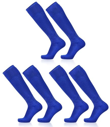 SKHAOVS 3 Pares Medias de Fútbol Azules para Niños, Calcetines Largas de Fútbol Baloncesto Hockey Rugby Tenis, Calcetines de Deporte Hasta Rodilla para Niños y Niñas de 5 a 12 Años