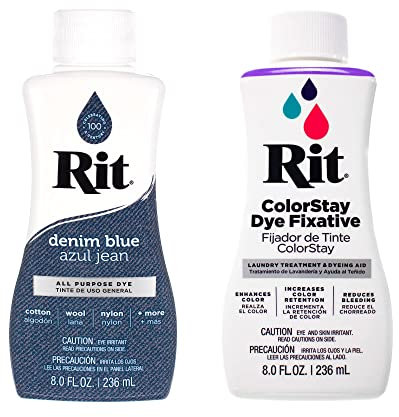 Rit Dye - Tinte líquido para tela de 8 onzas para ropa, decoración y manualidades, color azul mezclilla con fijador de color