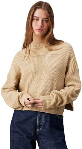 Calvin Klein Jeans Donna Pullover Logo Regular Sweater Pullover in Maglia, Beige (Pale Khaki), XL