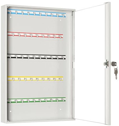 LEOMAR Schlüsselschrank, Schlüsselkasten mit 50 Haken, Schlüsselbox aus Stahlblech mit Glastüren, mit Festen Hakenleisten, Organizer zur Wandbefestigung, Abschließbar, 6 x 35 x 52 cm
