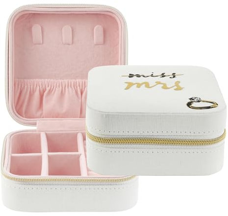 kate spade new york Kleines Reise-Schmuckkästchen, weiße Hochzeitsschmuckbox zum Organisieren von Ringen, Halsketten, Ohrringen, Miss to Mrs