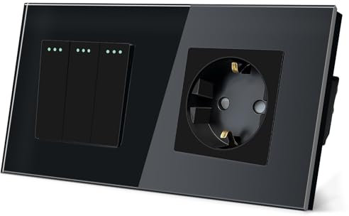 TAWOIA Lichtschalter mit Steckdose 3 Fach 1 Weg Glas Platte Unterputz Taste Schalter mit Schuko Steckdose 16 Amp 86 * 157mm Schwarz Wechselschalter